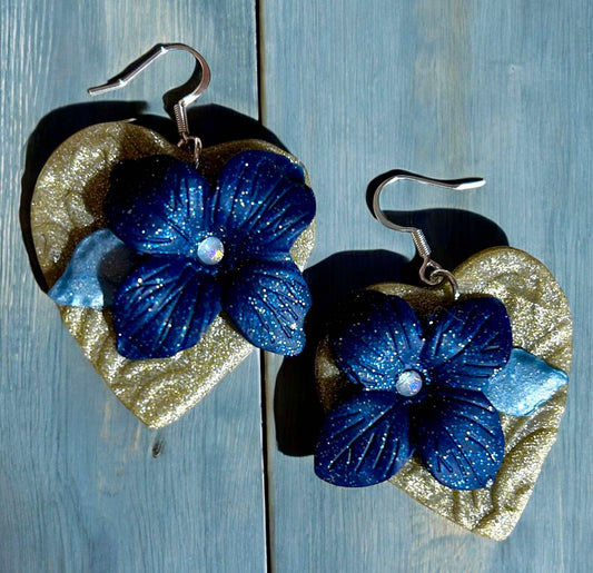 Clay Earring - Blue Flower Heart