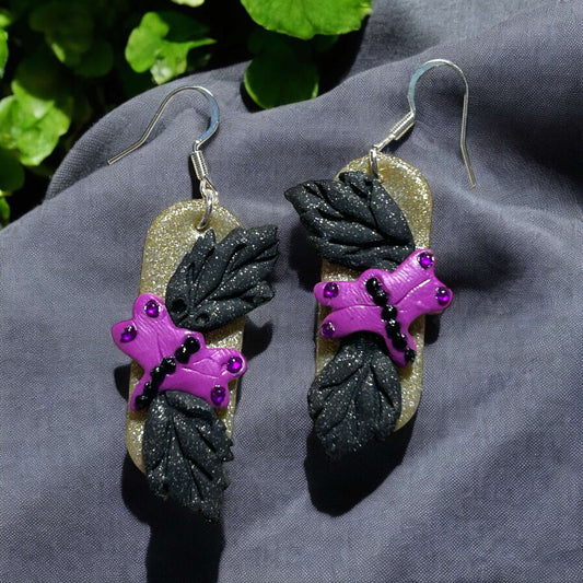 Clay Earring - Purple/Black Dragonfly