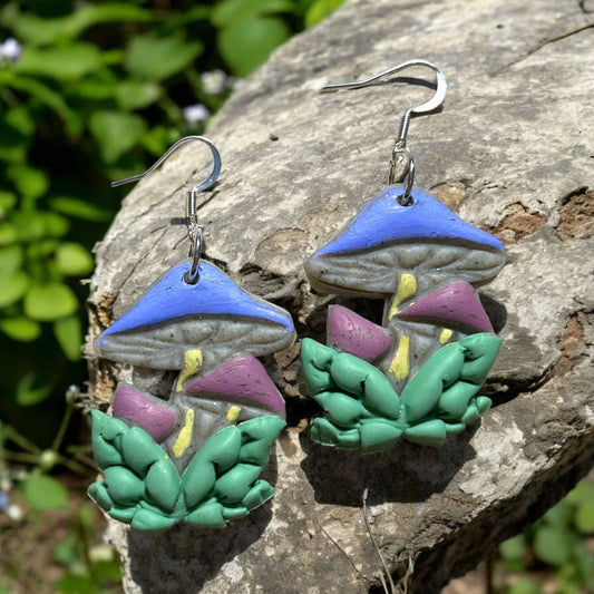 Clay Earring - Purple Mushroom Trio