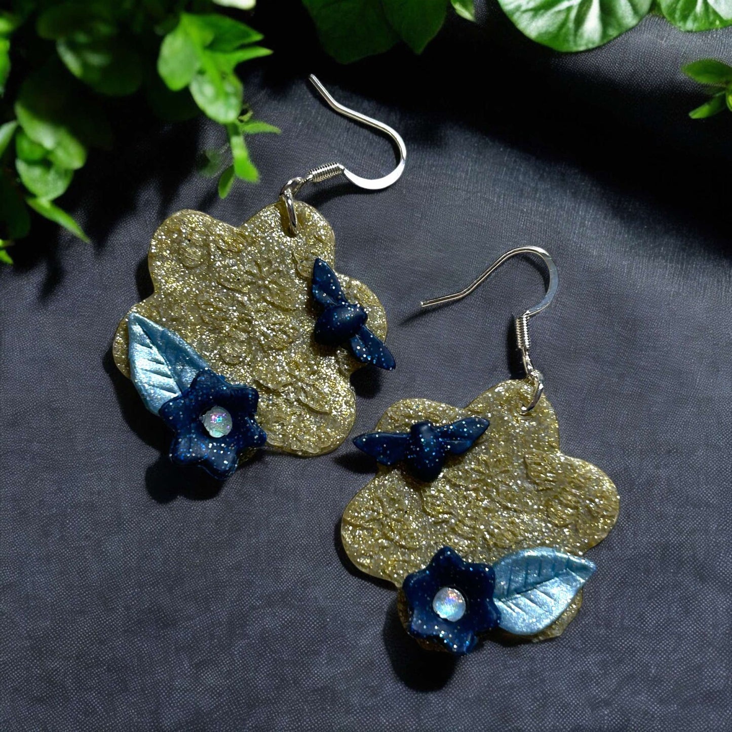 Clay Earring - Gold Flower Blue Flower