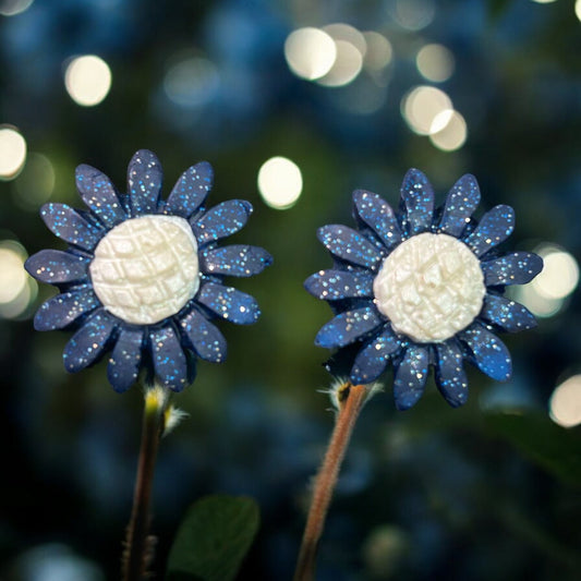 Clay Earring - Navy Glitter Sunflower