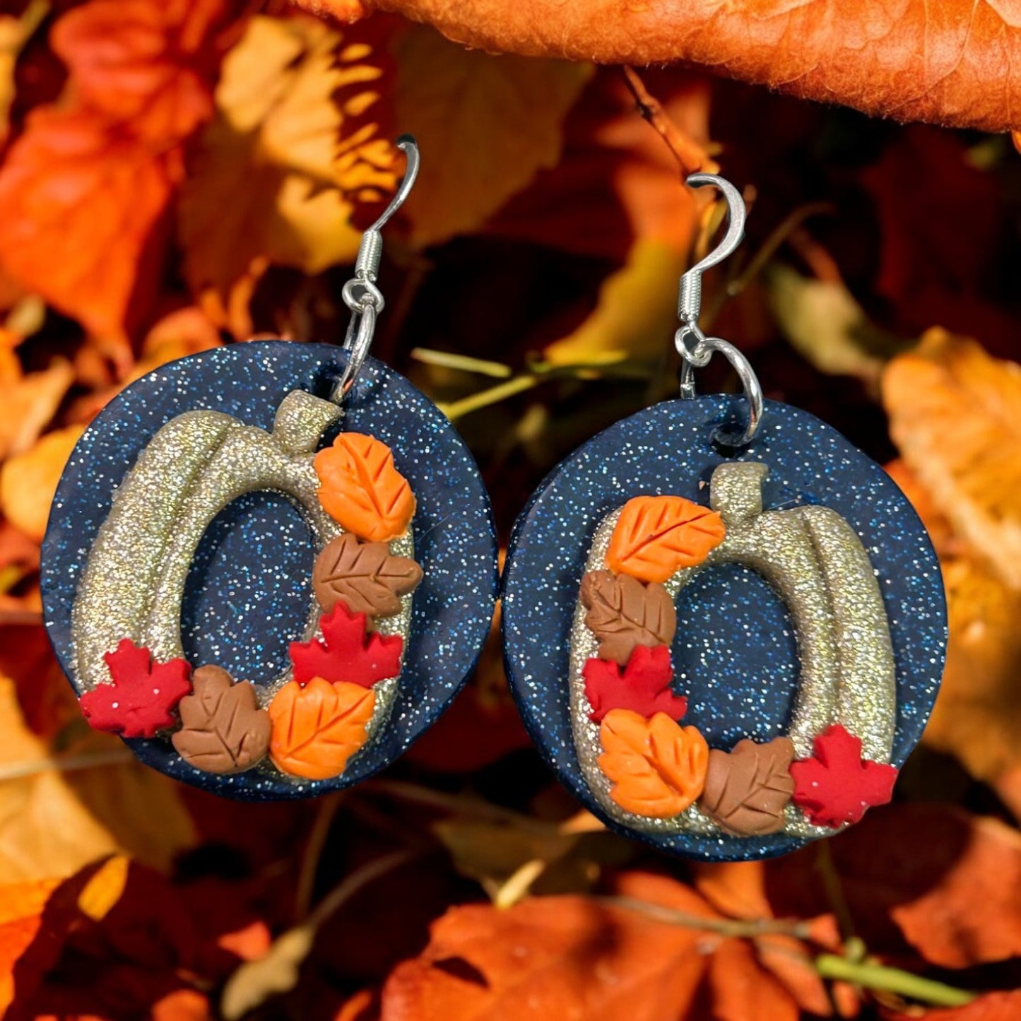 Clay Earring - Gold Pumpkin w/ Leaves