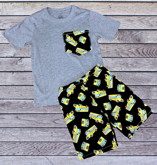 Pocket T-Shirt & Short Set - school bus - 4T